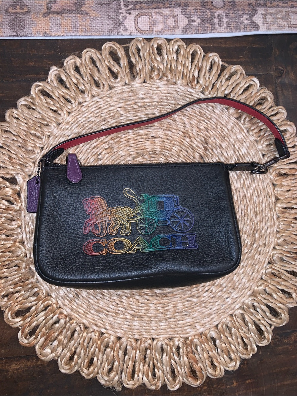 COACH Nolita 19 Black Leather Wristlet with Rainbow Horse and Carriage